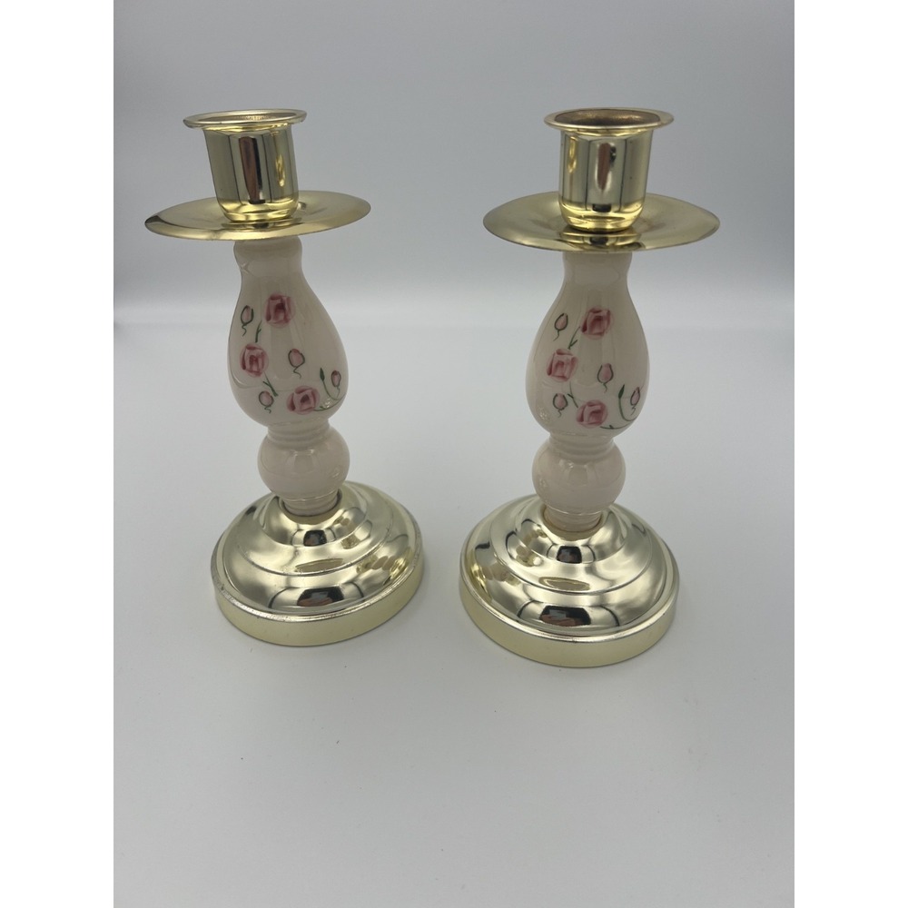 Homco Two Candlesticks Candle Holders Pink Floral 7.5" Tall Ceramic Grannycore